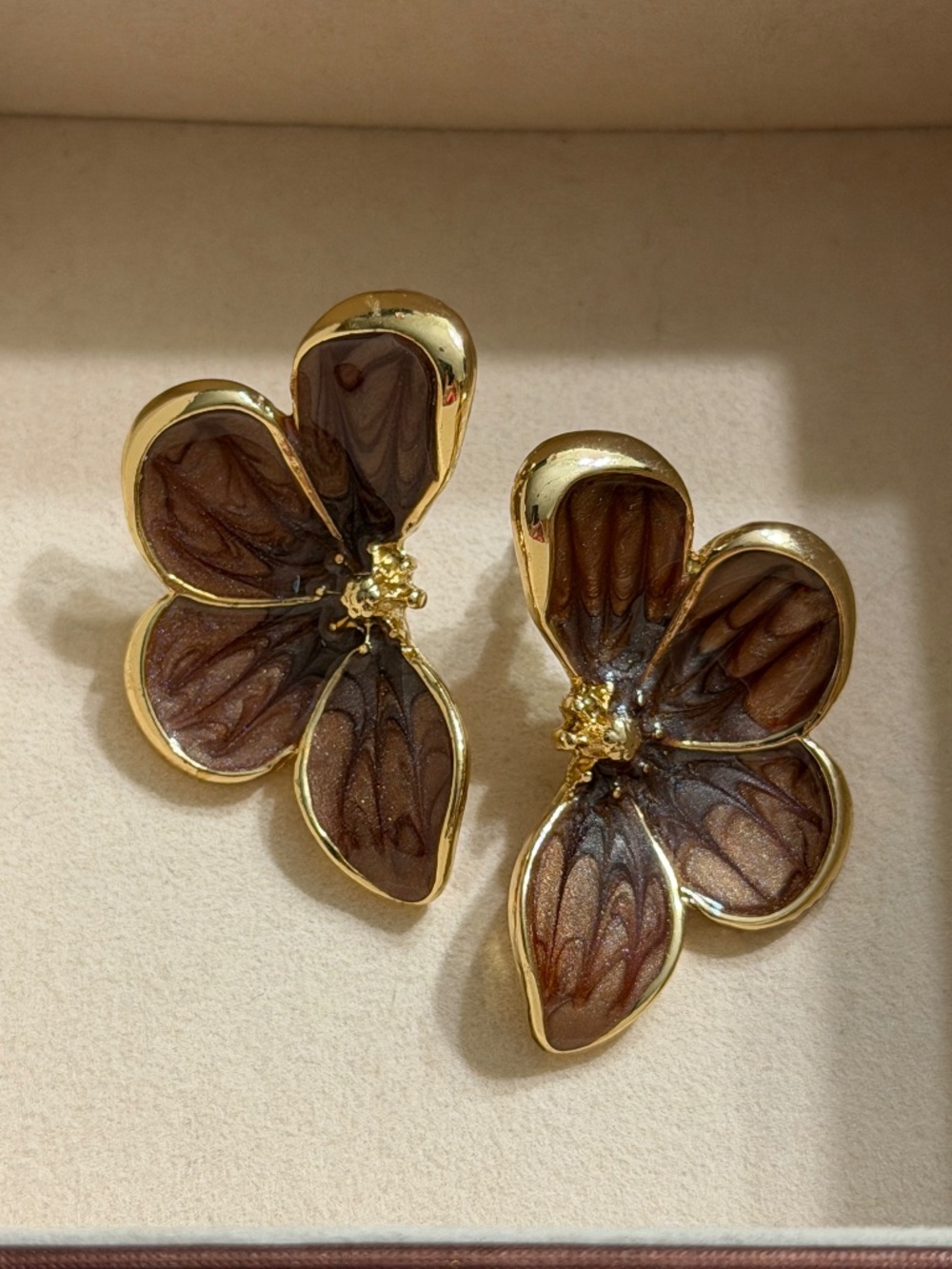Golden Glazed Brown Half Petal Flower Enamel Statement Earrings